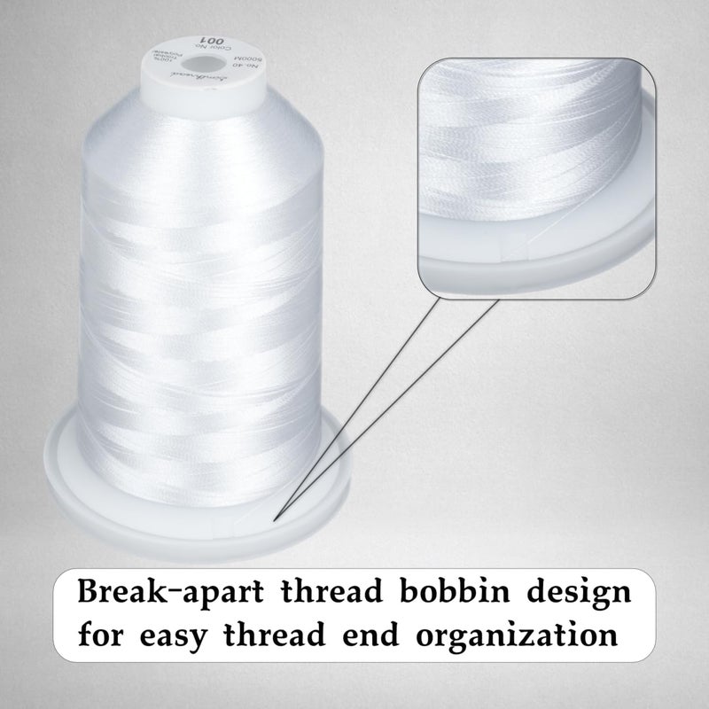simthread Trilobal Polyester Thread – 5000M (5500yds) No.40 – Super Sheen, Tangle-Free – Built-in Thread Lock Spool – Compatible with Brother, Singer, Janome & More, White-001 - Image 2